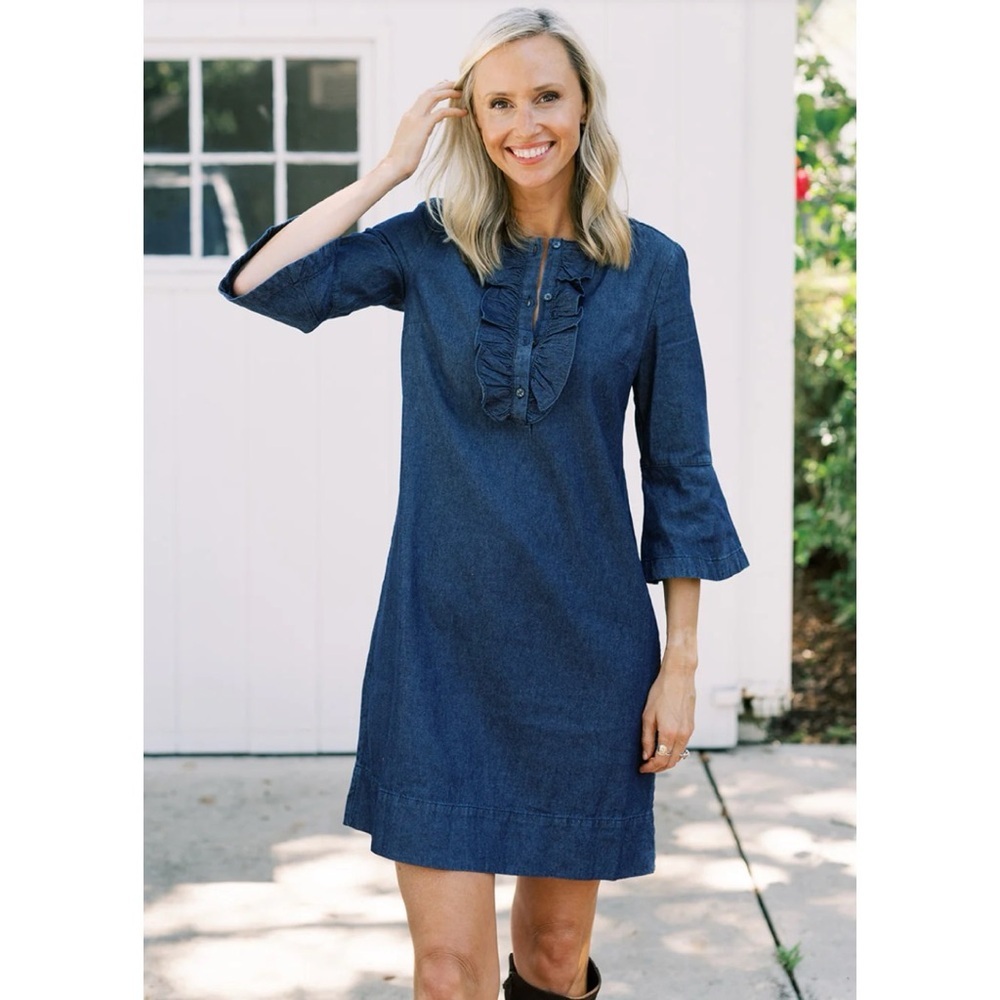 Draper James Chambray Ruffle Shift Dress 100% Cotton